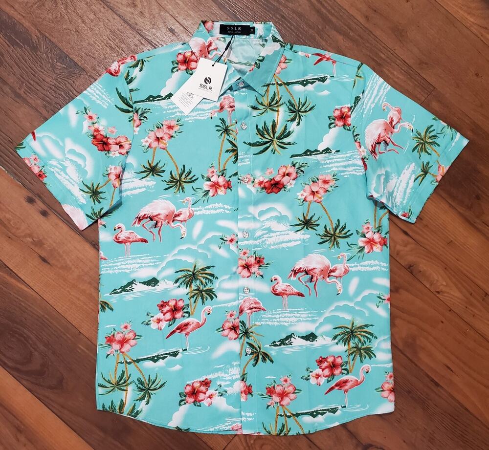 SSLR Men's Medium Hawaiian Button Shirt Flamingo Blue & Pink Short Sleeve Beach